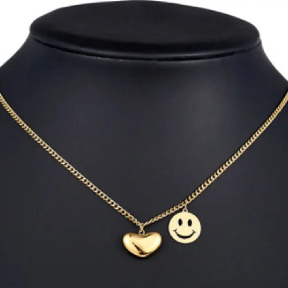 Womens Gold Smile Smiley Face & Heart Pendant / Necklace NEW